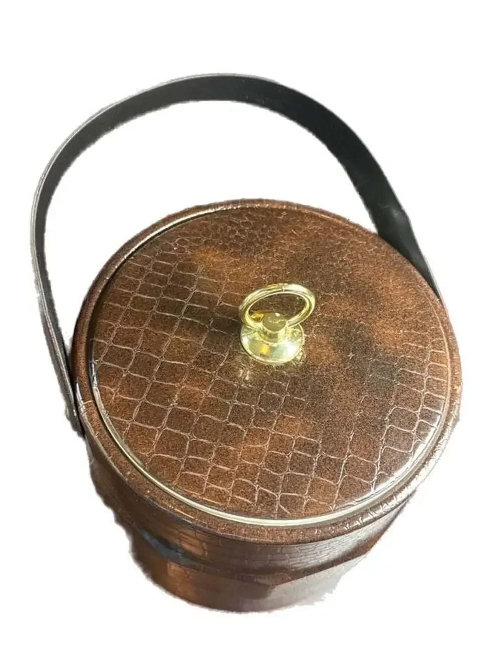 Vintage MCM Brown Faux Crocodile Embossed Leather Ice Bucket with Gold Ring